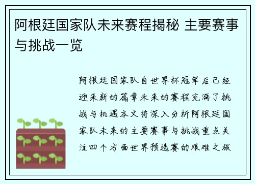 阿根廷国家队未来赛程揭秘 主要赛事与挑战一览