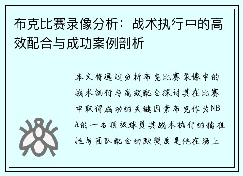 布克比赛录像分析：战术执行中的高效配合与成功案例剖析