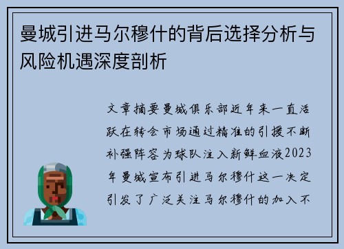 曼城引进马尔穆什的背后选择分析与风险机遇深度剖析